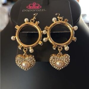 paparazzi Gold Heart Drop Earrings with Pearls and Crystals